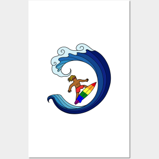 Surfer on blue wave sea ocean. Summer outdoor sport activity concept. Posters and Art